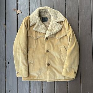 Vintage JCPenney Jacket Mens 40 M Tan Corduroy Sherpa Lined Western Coat 70s 80s